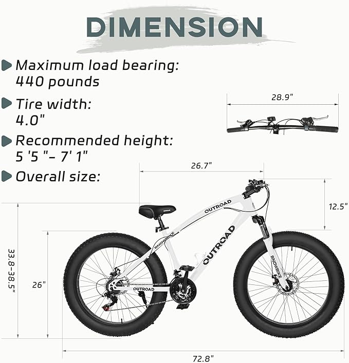 Outroad Fat Tire Mountain Bike with 26 inch Wheels, 21 Speed with High Carbon Steel Frame, Double Disc Brake and Front Suspension Anti-Slip Bikes