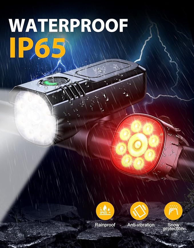 High Lumen Super Bright Bike Lights for Night Riding, Adjustable Modes Bicycle Lights Front and Rear, Rechargeable & IP65 Waterproof Bike Headlight and Taillight Set for Cycling Electronics
