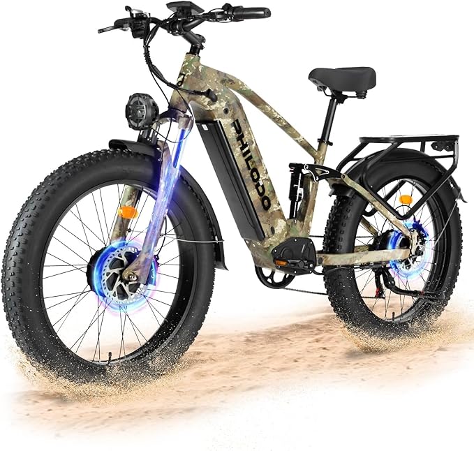 PHILODO Electric-Bike for Adults, Dual-Motor-Ebike Hunting-Ebike 5000W, 60V 32AH Long Range Dirtbike, Fat-Tire-Electric-Bicycle, Full Suspension for Off-Road Snow Sand