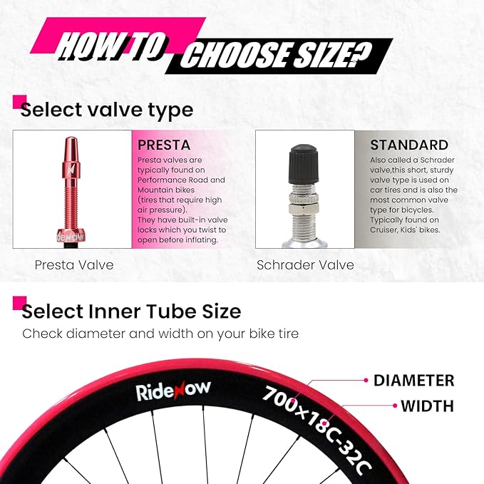 Ridenow 4-Pack Bike Inner Tube for 700/18C-28C, 700/18C-32C with 65/85 mm Metal &TPU Presta Valves for Road Bikes, Super Light Puncture Resistant Bicycle Inner Tube(Include Patch Repair Kits)