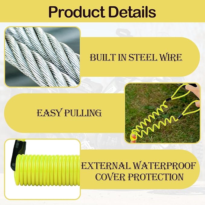 1PCS Motorcycle Disc Lock Reminder Cable Yellow Disc Lock Reminder Cable for Motorcycle Alarm Discs Brake Locks Warning Cables Anti Heft Security Spring Coil Cables