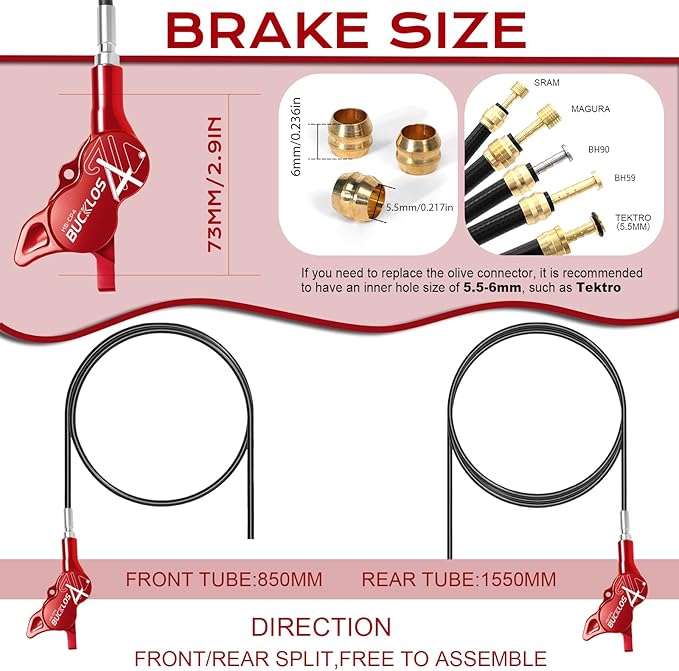 BUCKLOS MTB Hydraulic Disc Brake Set 4 Pistons Front 850mm and Rear 1550mm Hydraulic Brakes with Aluminum Alloy Lever with Caliper Ceramic Brake Pad Fit Mountain Bike,Ebike,Fat Bike HB-CP4 (Pre-Bled)