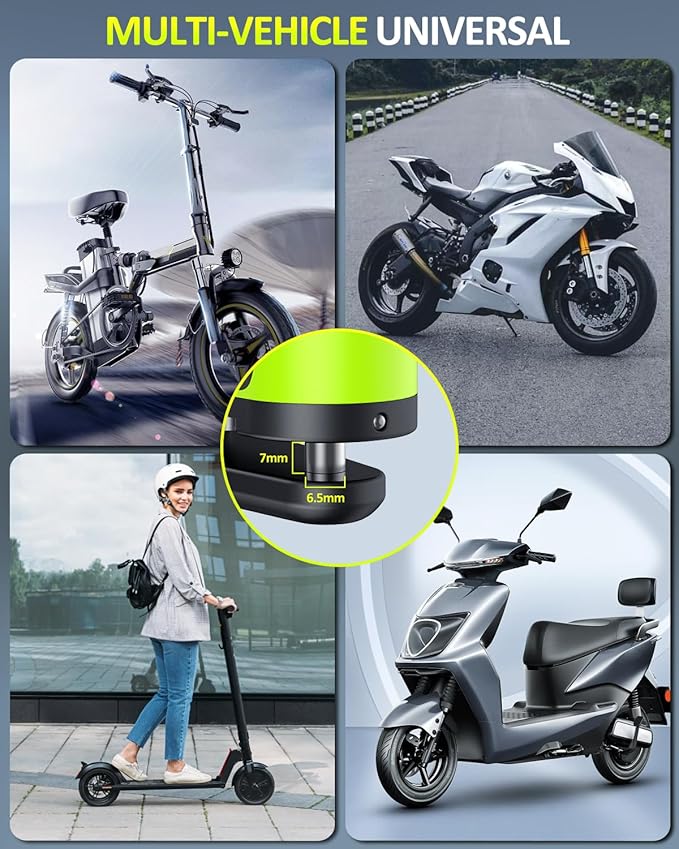 ONVIAN Rechargeable Motorcycle Lock with 6FT Steel Wire Anti-Theft Cable, for 7mm Pin Ebike Electric Scooter Motorcycle Helmet Wheel Disc Brake Lock(Lemon Yellow)