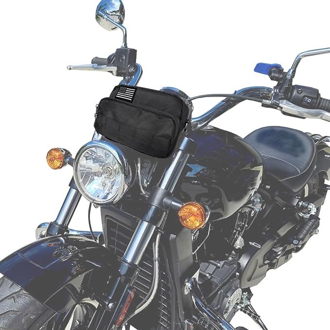 Larswon Motorcycle Handlebar Bag – Water Resistant Front Fork Pouch Storage Compatible with Cruiser, Softail, Dyna, Sportsters, Dirt Bike & Bicycle | Detachable Strap | Customizable Patch Black