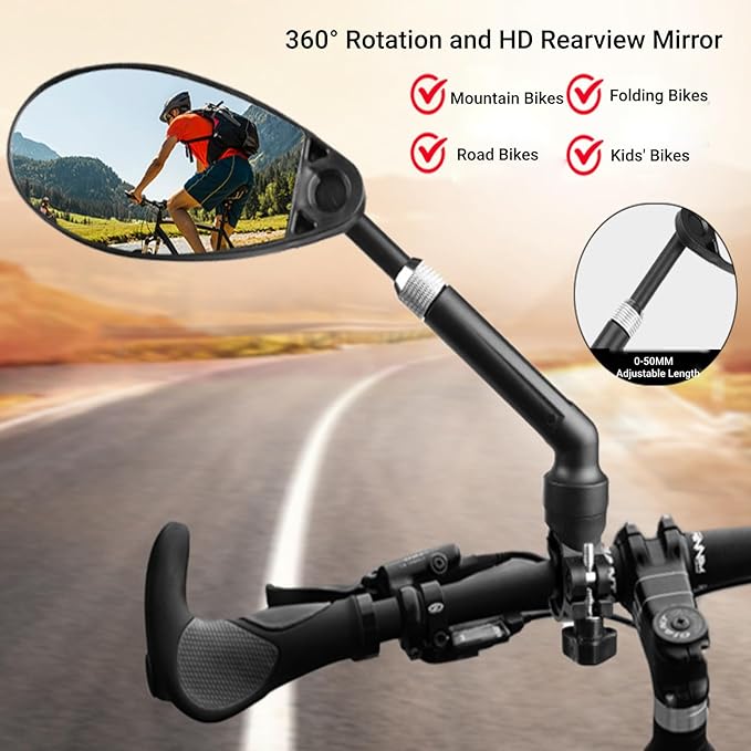Bike Mirrors for Handlebar, 360° Rotation DH Rear View Bicycle Mirrors Bike Mirror Handlebar Mount for E-bike Mountain Road Bike Height Adjustable