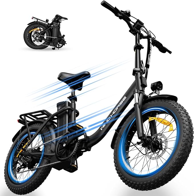 WINDHORSE 20" Foldable Electric Bike, 983W Peak Motor, 20MPH, 40–70 Miles, 48V 748.8Wh Removable UL Battery, Front Suspension, Fat Tire E-Bike for Commuting, Beach, All -Terrain | Adults & Teens