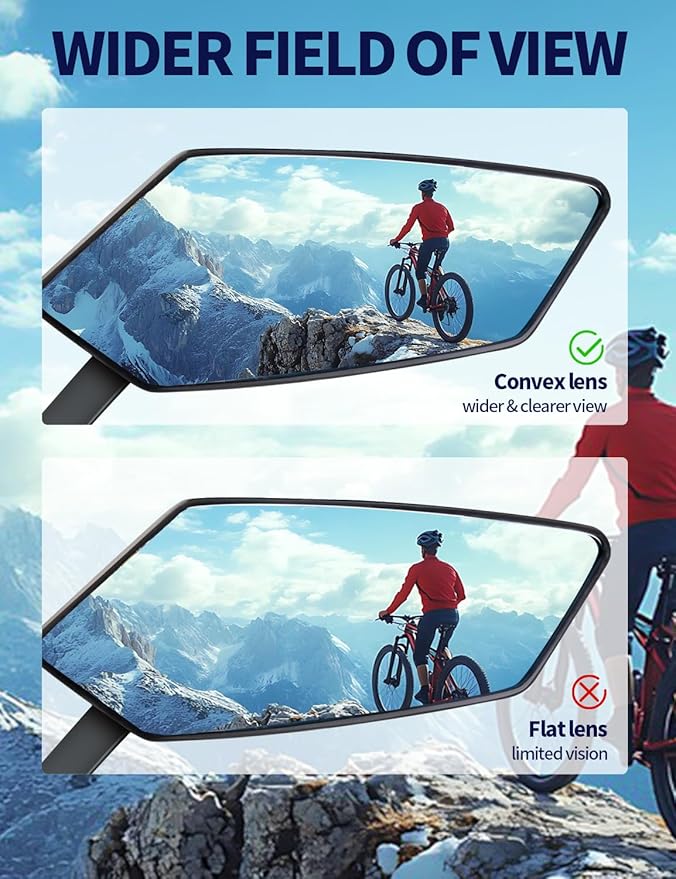 2 Pack Anti-Glare Convex Handlebar Bike Mirror with 2 Reflective Stickers, Wide Angle UHD Rearview Glass, Safe Universal Accessories for Bicycle Ebike Scooter Motorcycle Snowbike