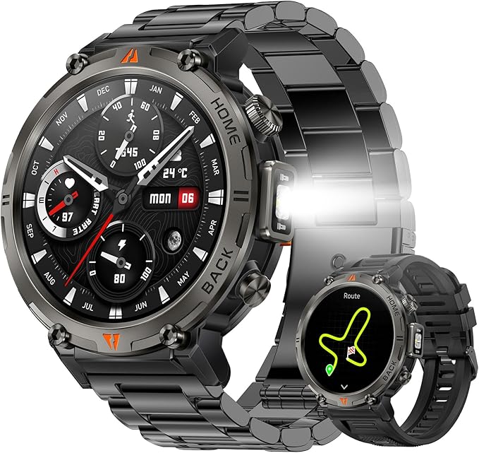 Military Smart Watches for Men Built-in GPS with LED Flashlight Compass, 3ATM Waterproof Rugged Tactical Smartwatch with Text and Call, 1.45" HD Fitness Tracker with HR SPO2 Monitor for iPhone Android
