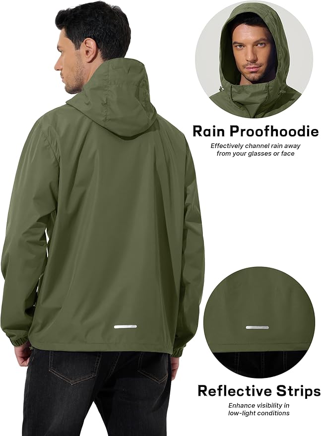 Men's Pullover Rain Jacket Waterproof Windbreaker Lightweight Packable Raincoat for Cycling Running Hiking Golf