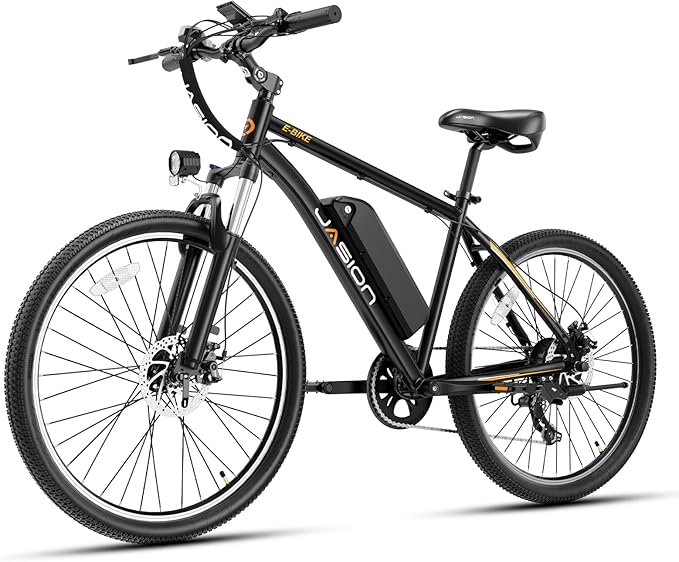 Jasion EB5 Electric Bike for Adults with Peak 1000W Brushless Motor, 40Miles 20MPH Commuting Electric Mountain Bike with 360Wh Removable Battery, 7-Speed, 26" Tires and Front Fork Suspension
