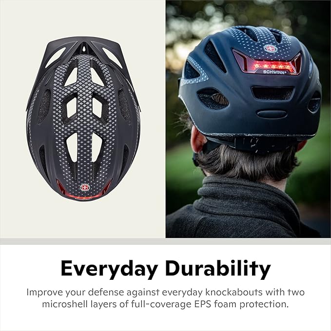 Schwinn Beam Lighted Helmet for Adults, Size 58 - 62 cm for Riders Ages 14+, Rear LED Light, Reflective Strips, Adjustable Dial and Straps, 17 Air Vents, Removable Visor, Adult Bike Helmet