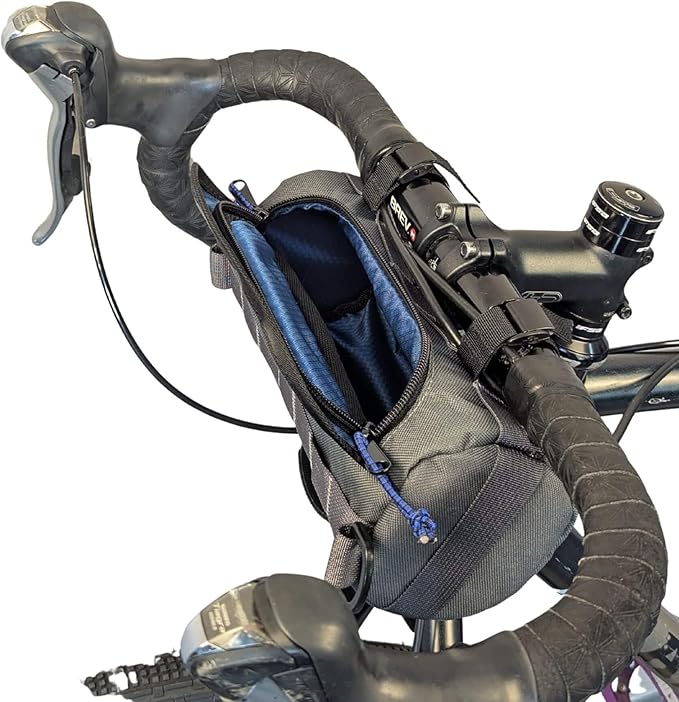 Handlebar Bag (Charcoal & Blue Burrito) | 2 Liter Capacity | Spacious Bike Bag w/ 2 Extra Long Buckle Straps & 1 Hook-and-Loop Strap | Water Resistant Front Basket | Bike Accessories | Made in USA