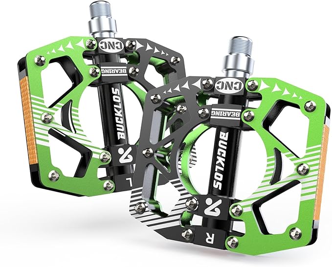 BUCKLOS MTB Bike Flat Pedals with Reflectors,Large Platform Mountain Non Slip CNC Aluminum Alloy Bicycle Pedals Sealed Bearing 9/16" Adult