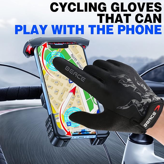 BEACE Cycling Gloves for Men Women - Full Finger Mountain Bike Gloves With Touch Screen and Anti-Slip Silicone Palm - Workout and Road Bicycle Gloves
