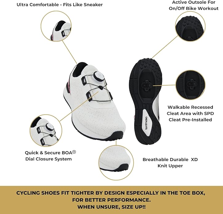 Tommaso Women's Cycling Shoes with Pre-Installed SPD Cleats — Easy to Walk-in Ventilated SPD Cycling Shoes for Women's Spin Classes and Indoor Bikes — Comfortable on Foot and Toebox.