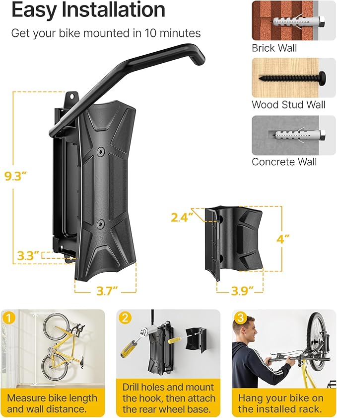 monTEK Bike Wall Mount for 4.5" Tire Width, Swivel Bike Wall Hanger Holds Up to 77lbs, Space-Saving Bike Rack Garage, Heavy Duty Bike Storage for Bedroom Home Office, 3 Pack
