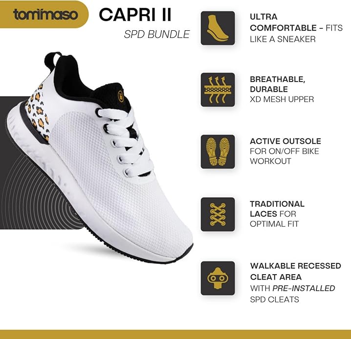 Tommaso Women's Cycling Shoes with Pre-Installed SPD Cleats — Easy to Walk-in Ventilated SPD Cycling Shoes for Women's Spin Classes and Indoor Bikes — Comfortable on Foot and Toebox.