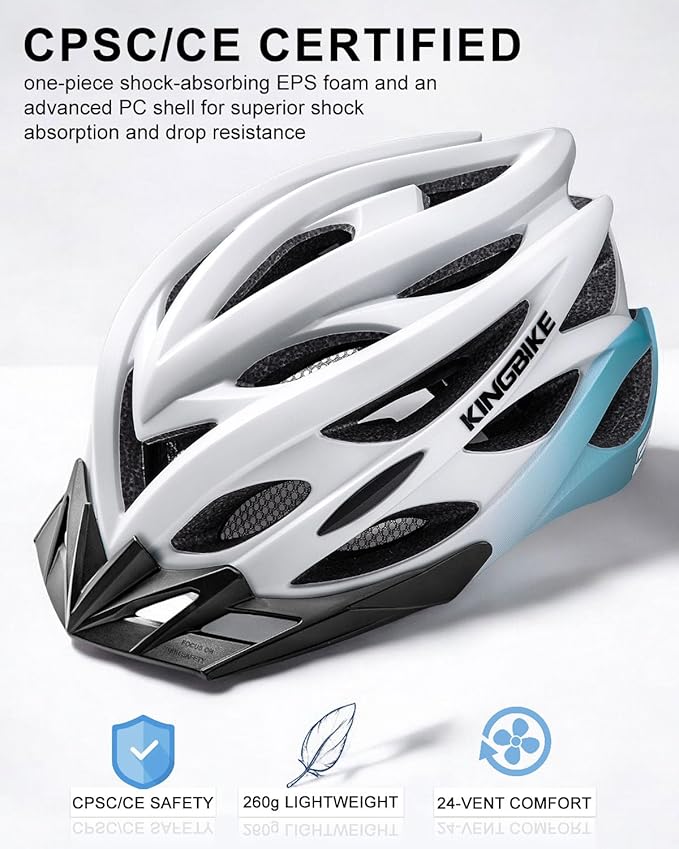 KINGBIKE Bike Helmet for Adult Men Women Youth Road Commute Mountain Cycling Helmets with USB Rechargeable Light Replaceable Padding and Visors Lightweight 20.4-23.6in