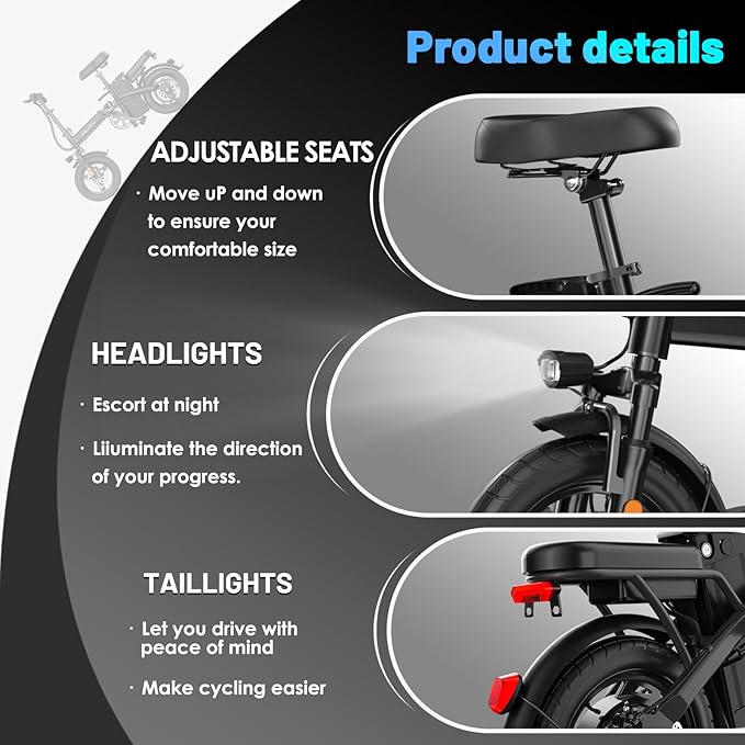Foldable Electric Bike for Adults and Teens, 700W Peak Motor Ebike with 30-60 Miles PAS Range, 14" Folding Mini E Bike for Commute, Electric Bicycle with 48V Removable Battery