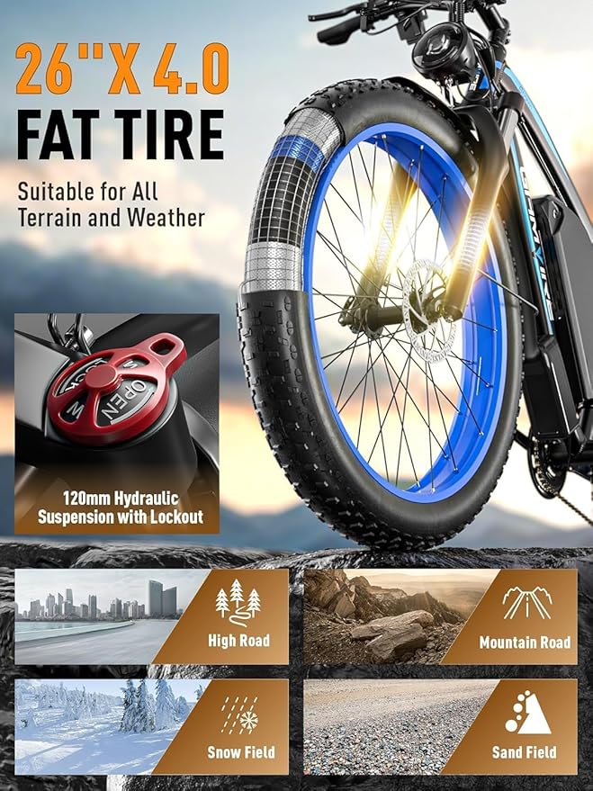 Ebike for Adults Electric, 52V 19.2Ah/32Ah, Peak 2000W/2500W E-Bike, 36/40MPH, 70 Miles/100Miles, Hydraulic Disc Brake, Off Road Snow Mountain E-Bike, 24"/26" Fat Tire Electric Bicycle UL2849 by SGS