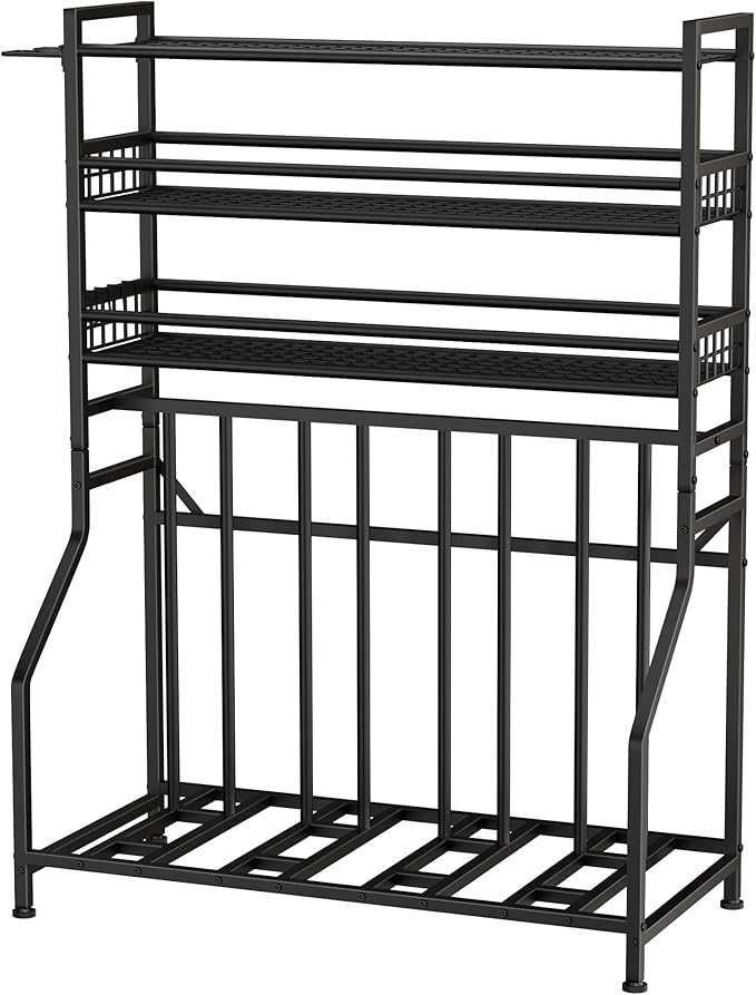 GIOTORENT Bike Rack Garage, 4-Bicycle Stand with 3-Tier Storage Rack, Adjustable Bike Storage for Mountain, Road, Commuter & Fat Tire Bikes, Garage Organizer with Hooks for Sports Gear