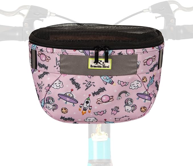Kids Bike Basket,Durable Front Frame Bicycle & Scooter Basket Bag,Waterproof Fabric Bicycle Handlebar Bag for Boys, Girls, Toddlers with Zipper Mesh Lip (Pink Space)