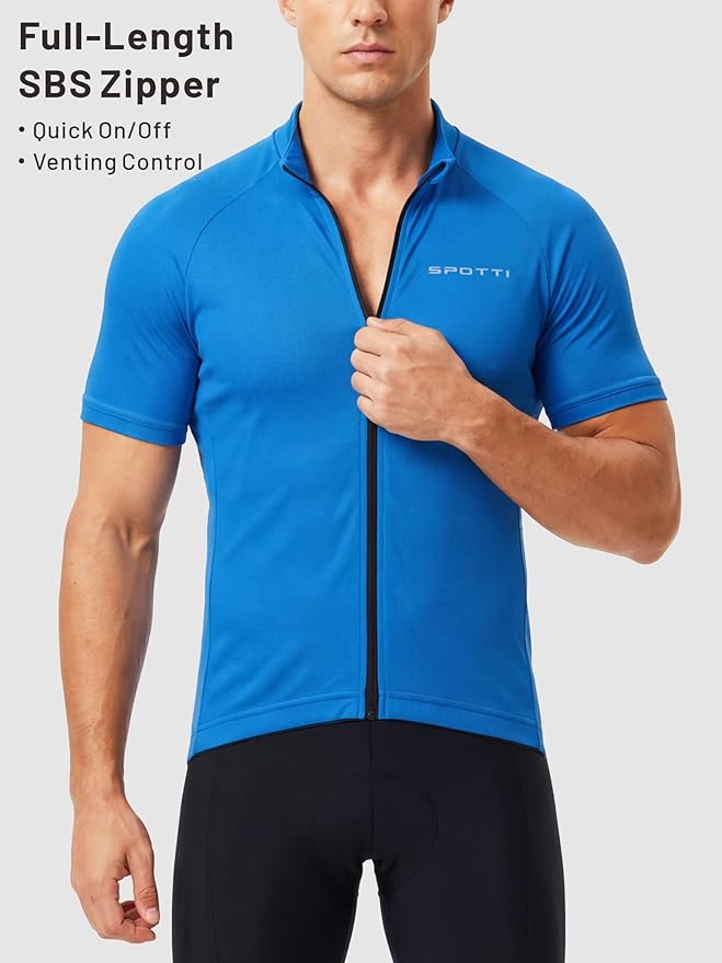 Spotti Men's Cycling Bike Jersey Short Sleeve with 3 Rear Pockets- Moisture Wicking, Breathable, Quick Dry Biking Shirt