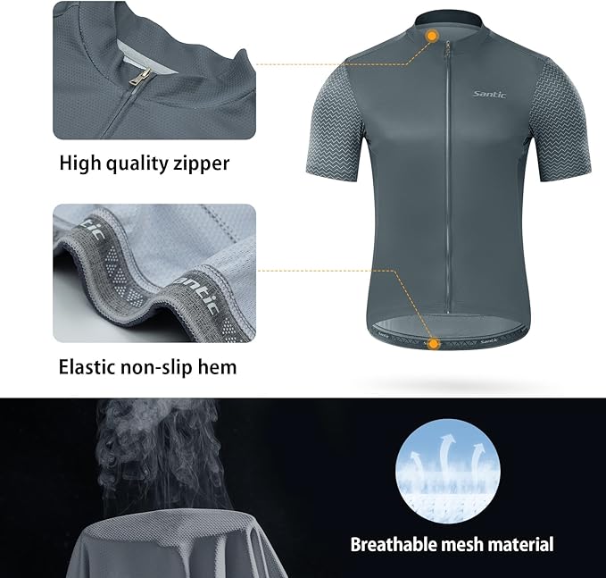 Santic Men's Cycling Jersey Short Sleeve Tops Pro Road Bike Shirt Full Zipper UPF 50+ MTB Jersey with Pockets