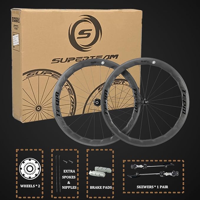 Superteam Carbon Wheelset 700c Rim V Brake 50mm Depth 25mm Width Road Bike Wheels Matte Finish, Tubeless Ready Support for 8-12 Speed Clincher & Tubeless