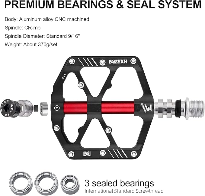 MZYRH 3 Bearings Mountain Bike Platform Pedals - Flat Alloy 9/16" Non-Slip Bicycle Pedals