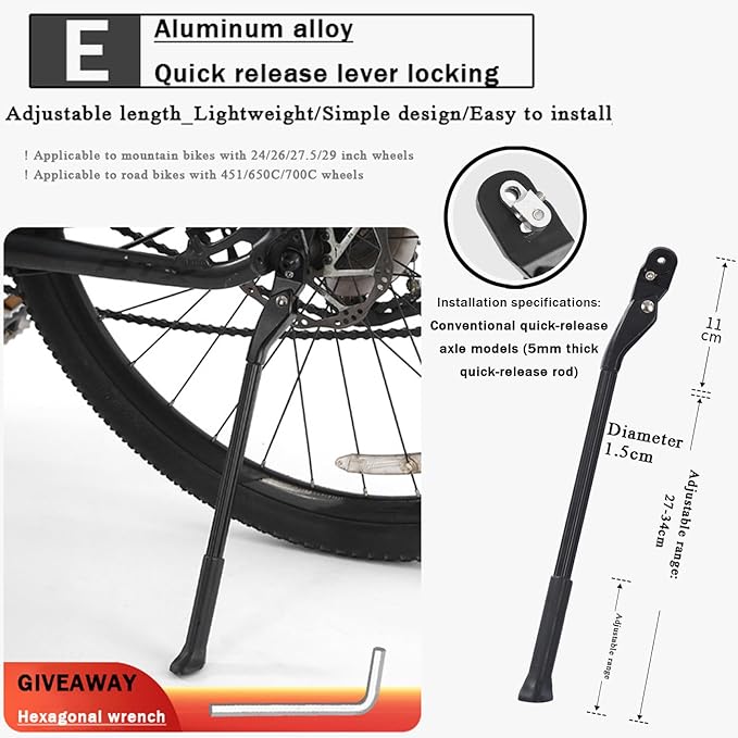 Bike Kickstand for Cannondale R300 R400 R500 R600 R700 R800 R900 SC1000 SC2000, Aluminum Adjustable Kickstand Foot Side Stand Suppor Rear Side Bicycle Stand with Non-Slip Rubber Foot,E