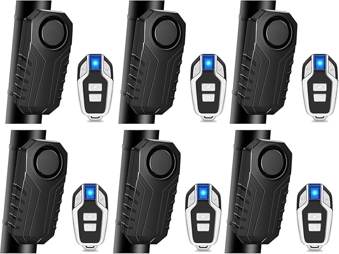 Bike Alarm with Remote,Bicycle Alarm Wireless,113dB Loud Bike Alarms for E-Bikes, Motorcycles, Scooter, Cars, Trailers, Luggage, Outdoor Riding and Cycling Safety IP65 Waterproof, 6Pcs