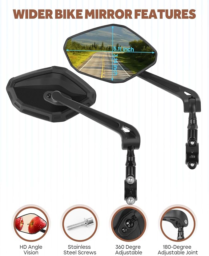Bike Mirror Handlebar Mount, HD Wide Rear View Bicycle Mirrors for Handlebars with Scratch Resistant Glass, 360°Adjustable Bike Rear View Mirror for Scooter, Motorcycle, Bikes (HD Lens: 1 Pair)
