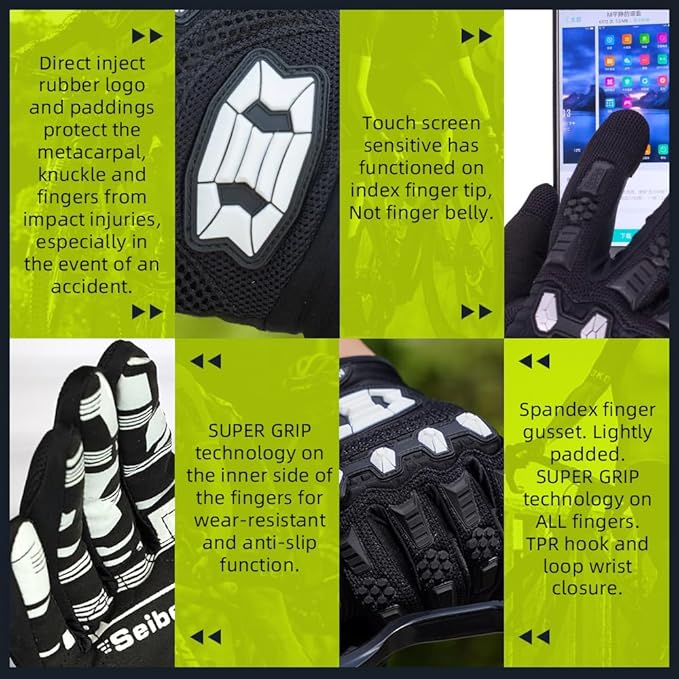 Seibertron Unisex BMX MX ATV MTB Racing Mountain Bike Bicycle Cycling Off-Road/Dirt Bike Gloves Road Racing Motorcycle Motocross Sports Gloves Touch Recognition Full Finger Glove