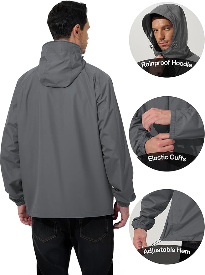 Men's Rain Jacket Windbreaker Waterproof Jacket Raincoat Cycling Running Hiking Gear Hood Lightweight Packable