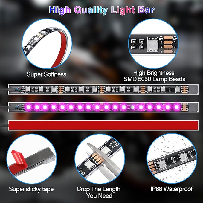 14PCS Motorcycle RGB LED Light Kit with Brake Turn Signal, Underglow Lights with APP/RF Remote,Neon Accent Light MultiColor Dual Zone Waterproof 12V for Sport Bike, Cruiser, Street&Off-Road Motorcycle