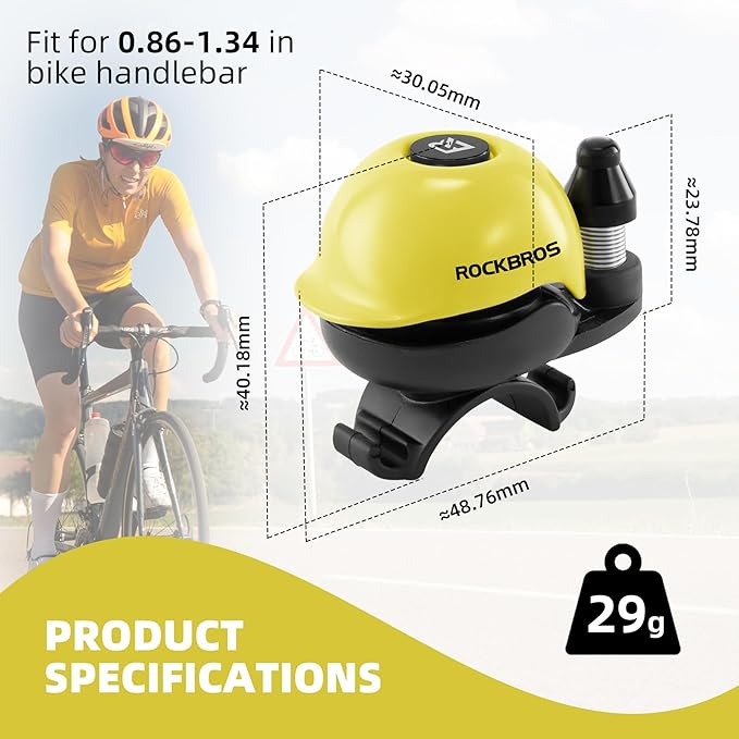 ROCKBROS Classic Bike Bell Bicycle Bell Mountain Bike Bells 80dB, Aluminum Alloy Rotatable Base, Fit for 0.86-1.34in/22-34mm Bicycle Handlebars