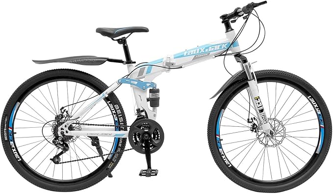 26 Inch Folding Mountain Bike, 21 Speed Full Suspension High-Carbon Steel MTB Foldable Bicycle, Dual Disc Brake Non-Slip Folding Bikes, Mountain Bicycle for Adults/Men/Women
