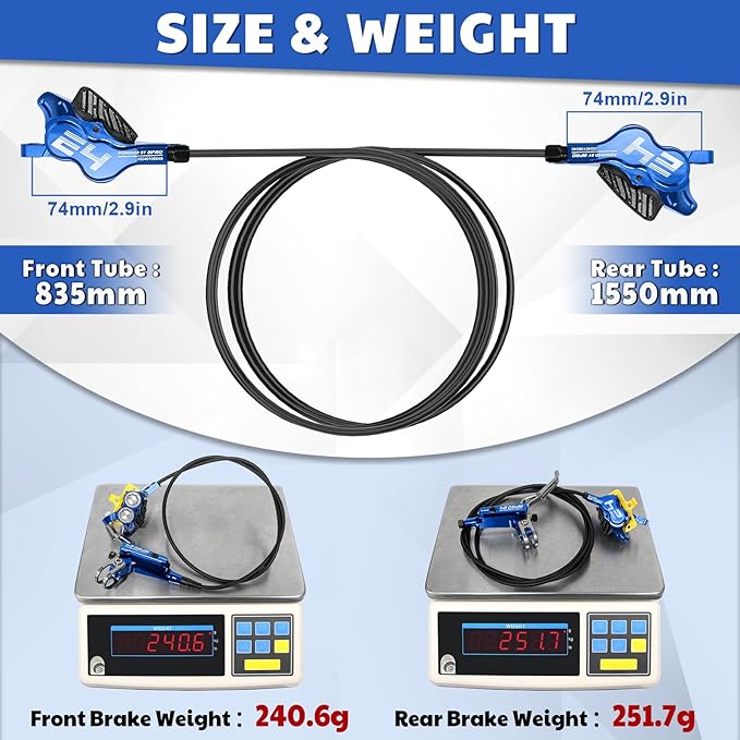 BUCKLOS IIIPRO MTB 4 Pistons Hydraulic Disc Brake Set Front 800mm and Rear 1550mm with Ceramic Brake Pad for Mountain Bike(Pre-Bled)