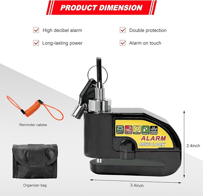 Alarm Disc Lock Set, 110dB Alarm Sound Anti-Theft Security Brake Padlock with 5ft Reminder Cable, Waterproof Battery Powered Disc Brake Lock for Motorcycle Bicycle Scooter (Black)