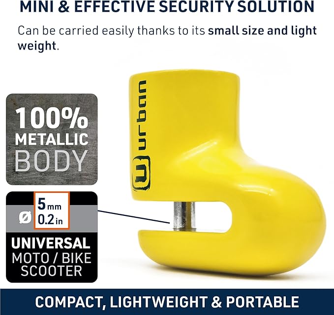 URBAN 564A Most Compact Motorcycle Disc Lock, ø5mm, Lightweight, and Portable, More Visible, More Deterrent, Steel, Universal Anti Theft Wheel Brake Lock for Motorbike Scooter Electric Bike Bicycle