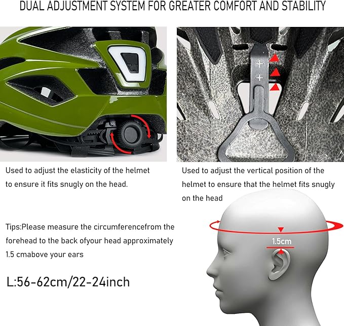 Bike Helmet for Adult Men Women with Multi-Mode Rear LED Light, with Suggested Fit 56-62cm, Lightweight with Adjustable Dial, Side and Chin Strap, Carbon Black Shiny Surface