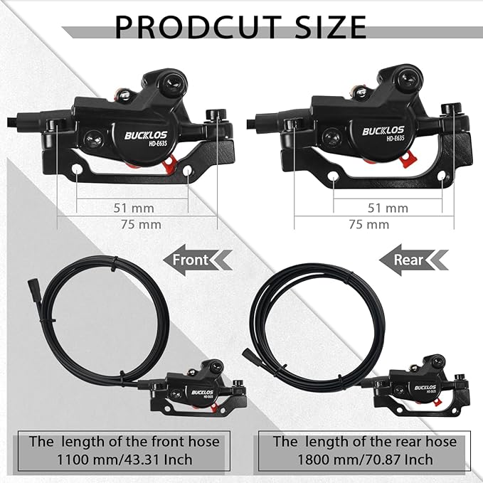 BUCKLOS Ebike Hydraulic Disc Brake Set with 180mm Rotors 2 Pistons Electric Power-Off Left Front 1100mm Right Rear 1800mm Aluminum Alloy Lever for Scooter/MTB Mountain Bike(Included Adapters)