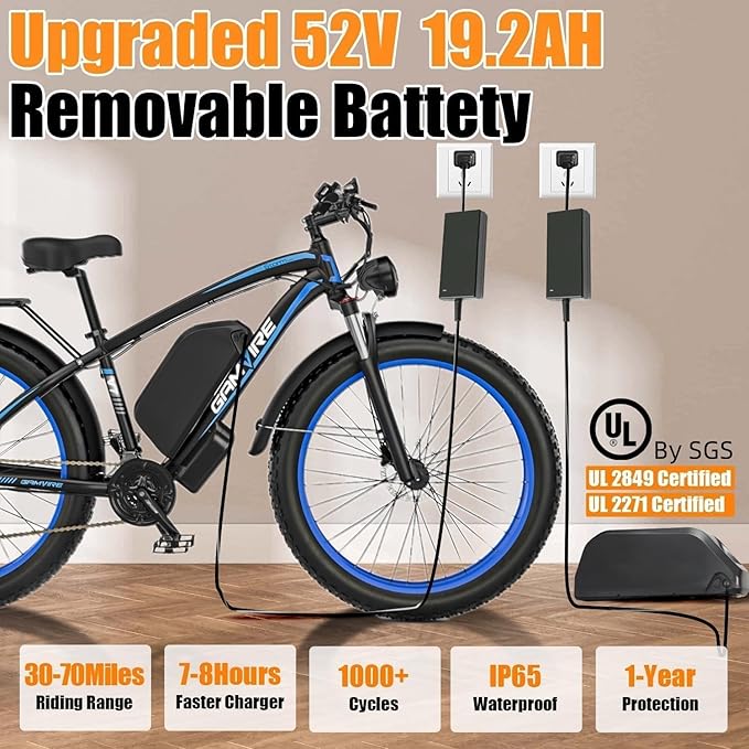 Ebike for Adults Electric, 52V 19.2Ah/32Ah, Peak 2000W/2500W E-Bike, 36/40MPH, 70 Miles/100Miles, Hydraulic Disc Brake, Off Road Snow Mountain E-Bike, 24"/26" Fat Tire Electric Bicycle UL2849 by SGS