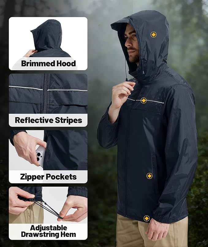 SWISSWELL Mens Rain Jacket & Coats Packable Lightweight Waterproof Windbreaker Hooded for Golf Cycling Hiking