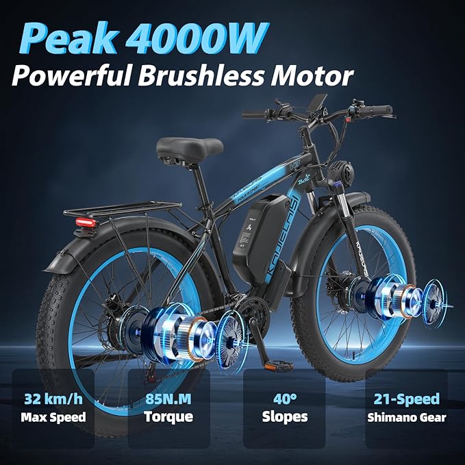 AWD Electric Bike for Adults, Peak 4000W Power 26” Fat Tire Ebike, Dual Motor Electric Bicycles, 48V 22.4AH Removable Battery Fast Dual Hydraulic Brakes 21-Speed All Terrain E-Bikes