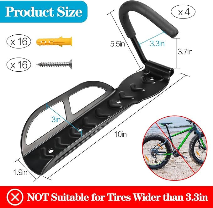DkOvn 4 Pack Bike Rack Garage Wall Mount, Wall Mount Bike Rack with Screws, Heavy Duty Steel Vertical Bike Hook Holds Up to 66lb for Indoor Storage