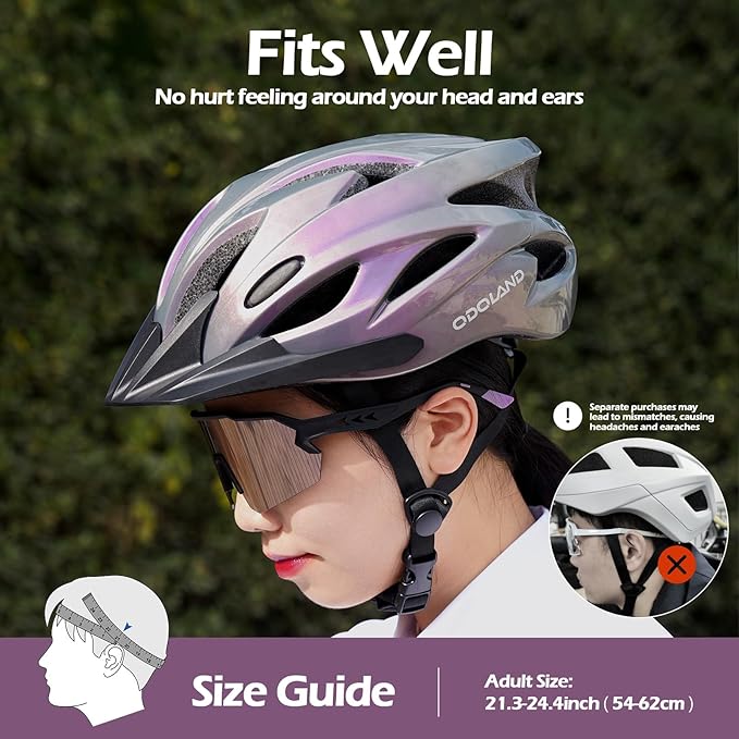 Odoland Adult Bike Helmet and Cycling Sunglasses Set for Men & Women, Safety Certified Bicycle Helmet with UV Protection Glasses for Mountain, Skating, Road, City Commuting & Outdoor Riding