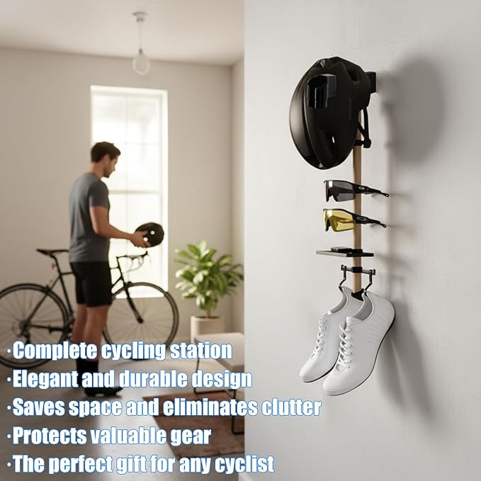 Wall- Mounted Cycling Gear Storage Rack | Holds Helmets, Shoes and Sunglasses | All-in-One Bicycle Accessories Organiser – A Unique Gift for Cyclists