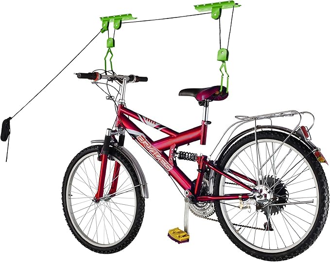 Bike Hanger Set - Set of 2 Overhead Pulley System Bike Hangers for Garage or Shed with 100lb Capacity for Bicycles or Ladders by Rad Sportz (Green)